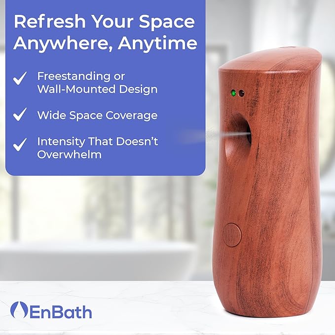 Automatic Air Freshener Spray Dispenser: Automatic Spray Dispenser with Elegant Wood Design for Commercial or Home Use (1-Pack), Battery Powered Free Standing or Wall Air freshener, Three Time Release