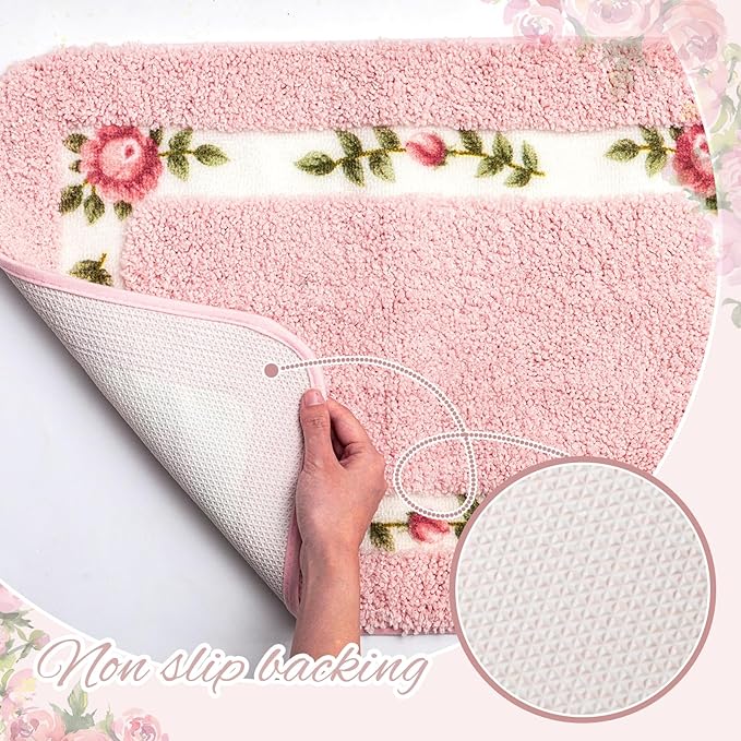 Drydiet 3 Pcs Rose Flowers Bathroom Rugs Set Coquette Room Decor Floral Carpet for Bathroom Bedroom Living Room, Floral Bath Mat Non Skid Romantic Rose Flower Area Rugs 3 Shapes (Pink,Large)