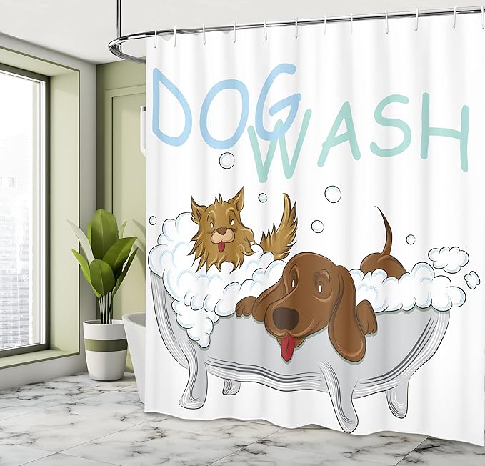 Ambesonne Cartoon Shower Curtain, Playful Dogs in a Bathtub Grooming Each Other Pets Theme Illustration, Cloth Fabric Bathroom Decor Set with Hooks, 69" W x 70" L, Brown White