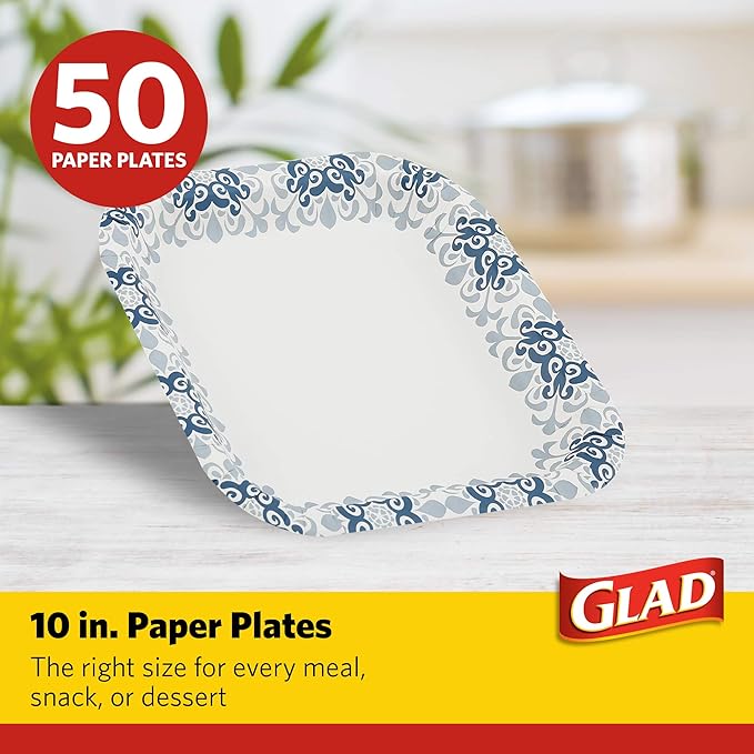 Glad Square Heavy Duty Paper Plates, Soak Proof and Cut Proof Disposable Plates for Parties and Everyday Meals, Microwaveable for Easy Serving, Blue Victorian Pattern, 10 Inch, 50 Count