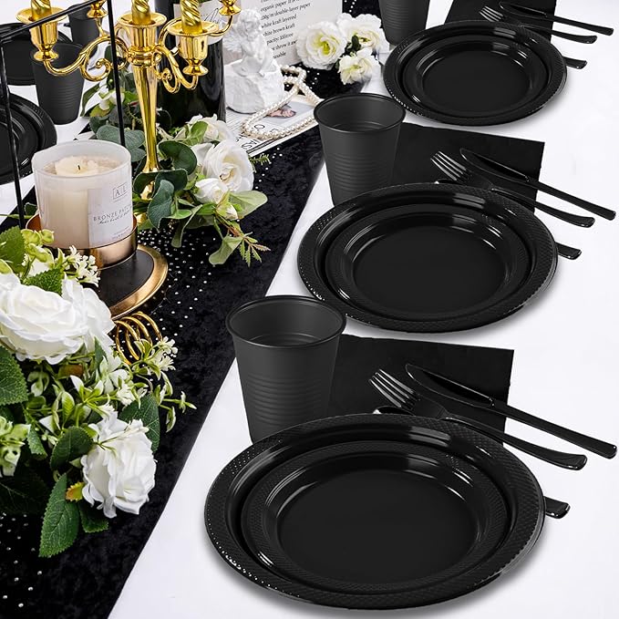 Black Plastic Plates, 25 Guest Disposable Dinnerware Set for New Year, Black Party Supplies, Includes 25 Dinner Plates, 25 Dessert plates, 25 plastic Cutlery, 25 Napkins and 25 12 oz Cups