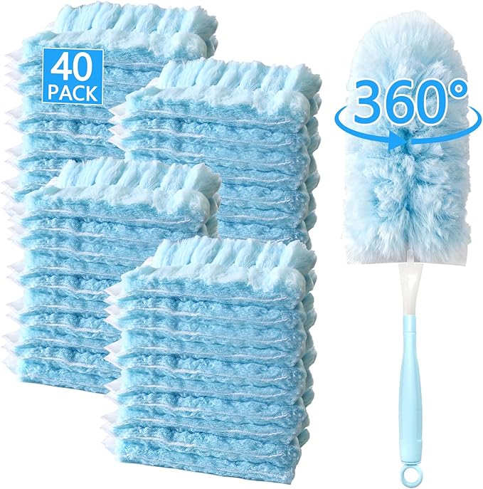 40 Pack Duster Refills Kit Disposable for Swiffer Duster Handle,360° Deep Cleaner Heavy Duty Replacement with 1 Handle,for Home, Blinds, Car, Pet, Furniture, Fans(Blue)