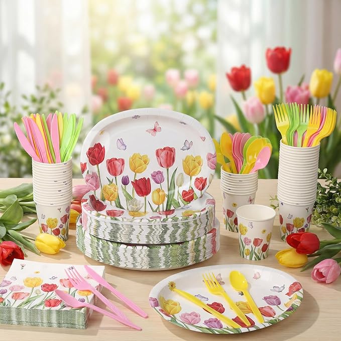 Havawish 350 Pcs Floral Party Supplies Tulip Disposable Tableware Set Tulip Oval Paper Plates Cups Napkins Fork Knife Spoon Dinnerwares for 50 Guests Baby Shower Wedding Birthday Party Decorations
