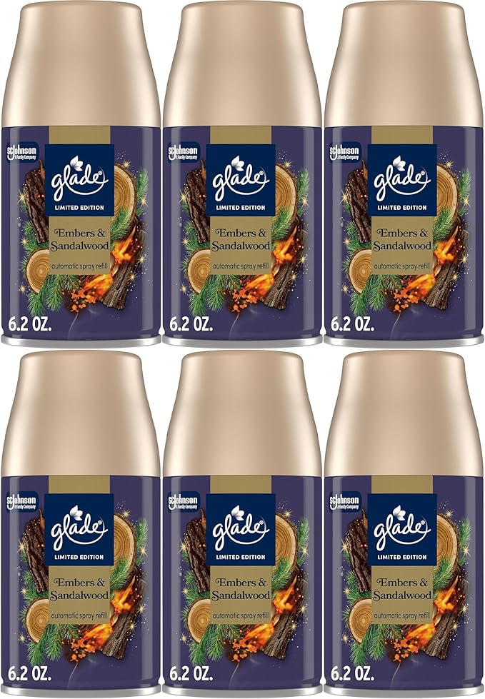Glade Automatic Spray Refill, Embers & Sandalwood, 6 Pack, Scented Air Freshener for Home and Bathroom, 6.2 Oz