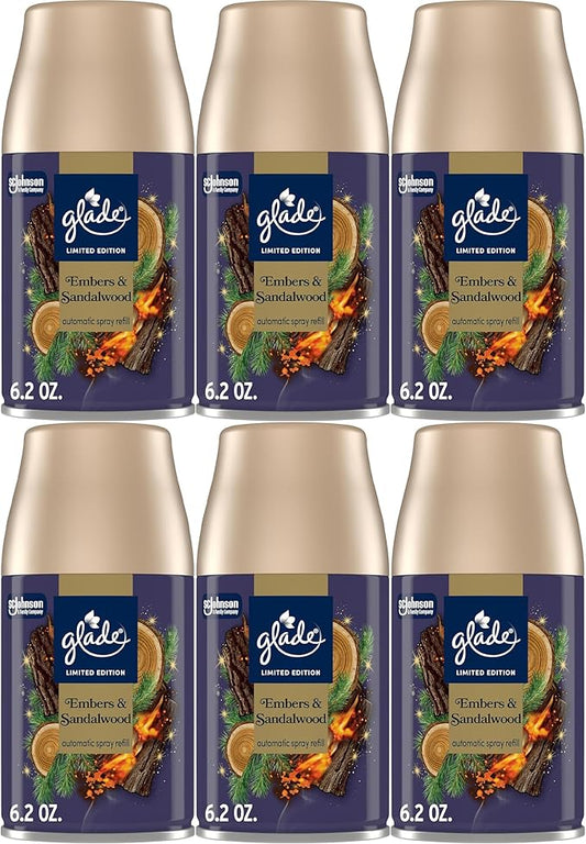 Glade Automatic Spray Refill, Embers & Sandalwood, 6 Pack, Scented Air Freshener for Home and Bathroom, 6.2 Oz
