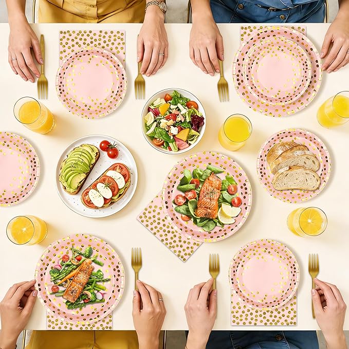 100 Pcs Pink and Gold Paper Plates and Napkins Party Supplies,Serves 25 Guests Pink Gold Plates and Napkins,Disposable Paper Tableware Set for Birthday Wedding Bridal Shower Baby Shower Decorations