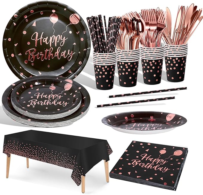 Nkaiso Birthday Party Tableware, 161 Pieces Black and Rosegold Party Supplies, Party Dinnerware Sets Include Paper Plates Napkins Cups Silverware, for Shower Engagement Parties Decoration -20 Serves