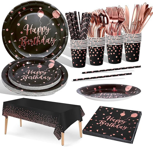 Nkaiso Birthday Party Tableware, 161 Pieces Black and Rosegold Party Supplies, Party Dinnerware Sets Include Paper Plates Napkins Cups Silverware, for Shower Engagement Parties Decoration -20 Serves