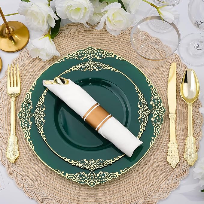 Realluck 350 PCS Green and Gold Plastic Plates, Plastic Dinnerware Set for 50 Guests, 100 Disposable Plates, 150 Silverwares, 50 Cups, 50 Napkins for Party, Wedding, Graduation