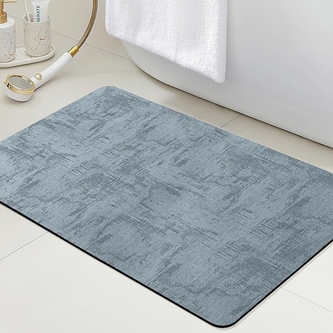 ACCUMTEK Non Slip Bath Mat, Thin Bathroom Rugs Fit Under Door, Quick Dry Bath Mats, Machine Washable Bath Rugs for Bathroom, Bathtub & Kitchen, Bathtub, Haze Blue/Marble/32 x20