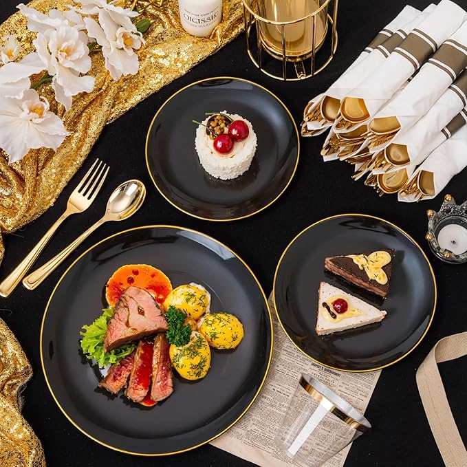 KIRE 60PCS Black Plastic Plates - Black Disposable Plates with Gold Rim - Include 30Pcs 10.25inch for Dinner and 30Pcs 7.5inch for Dessert for Wedding/Graduation/Party/Father's Day