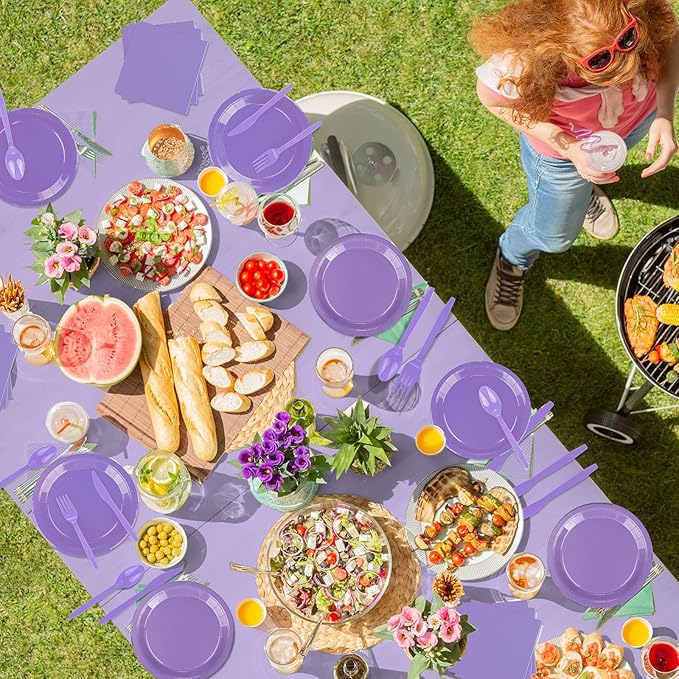 229PCS Purple Party Supplies Set Paper Disposable Plates Cups Plastic Spoons Forks Knives Purple Napkins for 30 Guests Disposable Party Dinnerware Sets for Wedding Birthday Parties