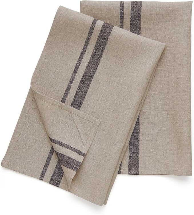 Solino Home Black and Natural Linen Kitchen Towels Set of 2-100% Pure Linen 17 x 26 Inch French Stripe Tea Towels with Hanging Loop - European Flax Kitchen Dish Cloth - Quick Dry & Machine Washable