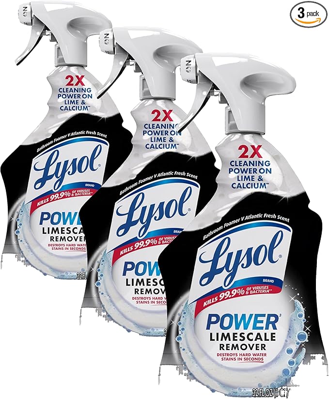 Lysol Power Limescale Remover Bathroom Cleaner Spray, Hard Water Stain Remover, Disinfecting Multipurpose Cleaner for Shower & Bathtub, Tough on Lime & Calcium, 0% Bleach, Atlantic Fresh Scent, 32oz