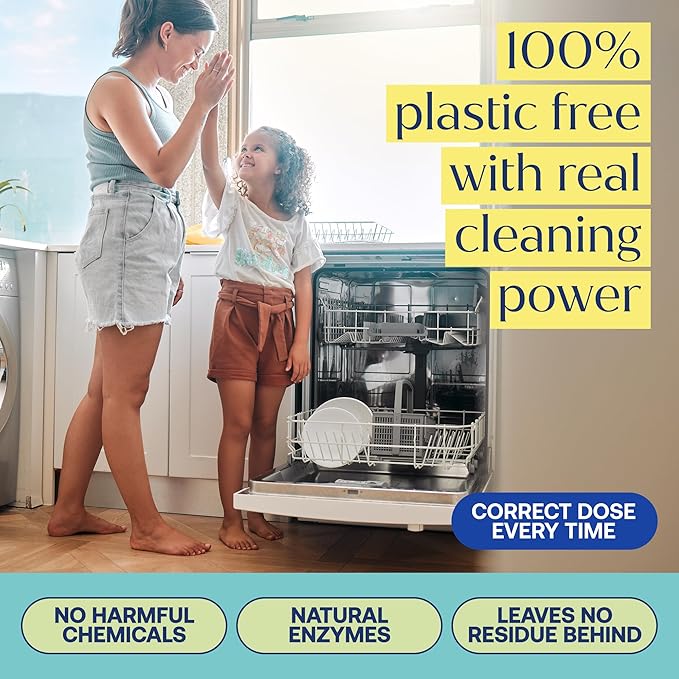 Fab Tab 100% Plastic-Free Dishwasher Detergent Tablets, Clean Ingredients, Fragrance Free, No Residue, Powerful Enzyme-Based Dishwasher Pods, 60 Count.