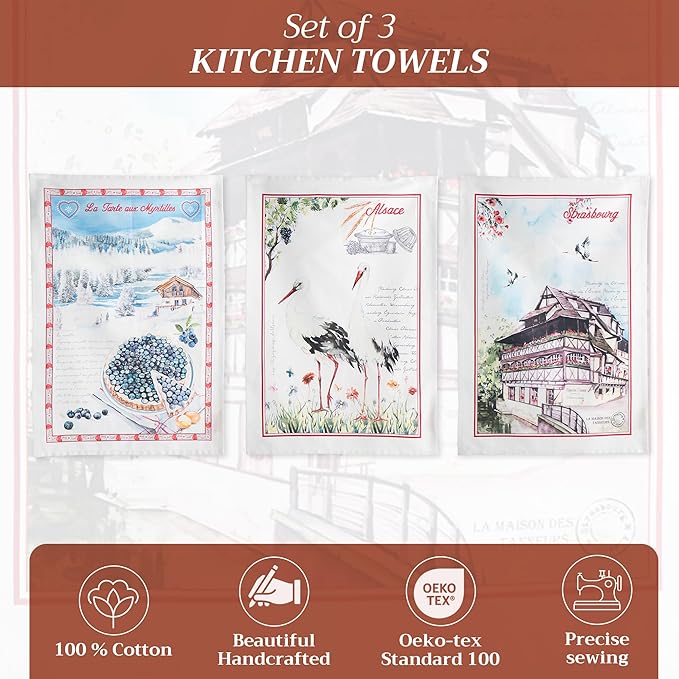 Maison d' Hermine Kitchen Towels Set of 3 100% Cotton 27.50" x 20" Reusable Cloth Tea Dish Towels Absorbent with Hanging Loop for Kitchen Farmhouse Hotel Spring Summer - Mulhouse