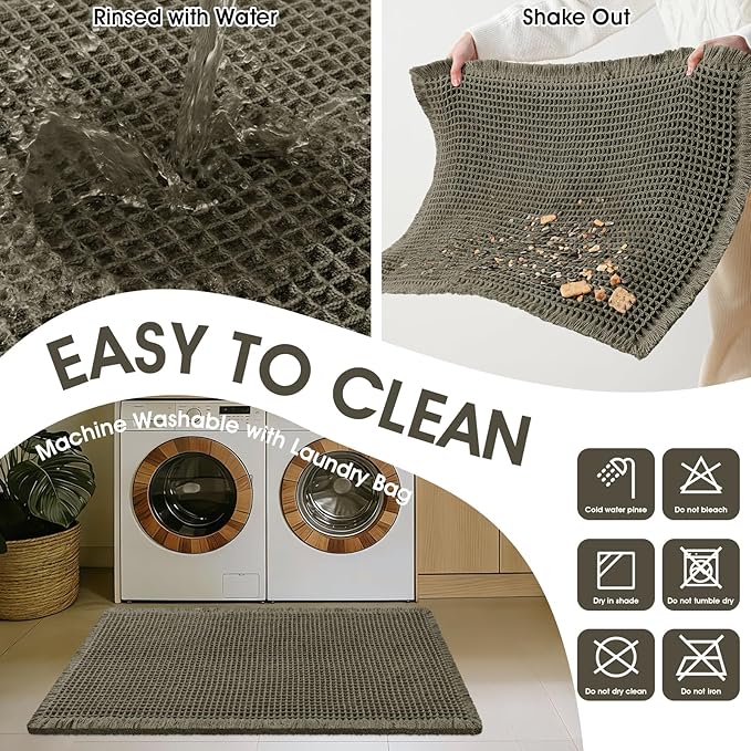 Upgraded Waffle Bath Mat, 36"x24" Greyish Green, Super Absorbent Non-Slip Quick Dry Bathroom Rugs with Tassels, Machine Washable Ultra Soft Boho Bath Rugs for Floor, Toilet Mats Boho Farmhouse Decor