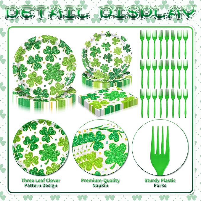 100 Pieces St. Patrick’s Day Party Tableware Set – Shamrock Clover Plates, Napkins and Forks, Green Disposable Dinnerware for Irish Party and Lucky Clover Party Supplies