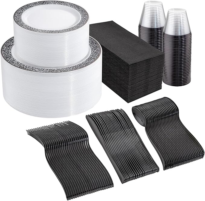 WELLIFE 350Pcs Black Plastic Dinnerware and Napkins Party Supplies Include:50 Dinner Plates, 50 Dessert Plates, 50 Napkins, 50 Cups and 50 Plastic Cutlery