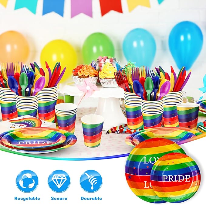 FillTouch 350 Pcs Rainbow Gay Pride Month Lgbtq Party Supplies Set Rainbow Disposable Paper Plates Love Napkins Cups Knives Forks Spoons for 50 Guests Gay Pride Party Parade Club Festival Events