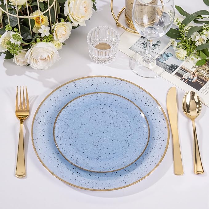 Liacere 32PCS Blue Plastic Plates - BlueStone Plastic Disposable Tableware Plates Modern Dinnerware Set - Wedding & Warm Winter & Party & Easter Day