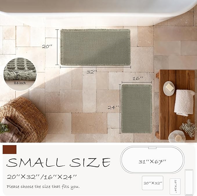 DWCN Waffle Bathroom Mat Set, Super Absorbent Non Slip Bath Rug Set for Bath Floor, Shower Mats 2 Pcs for Tub, Washable Kitchen Rugs for Farmhouse Boho Home Decor, 24"x16"Plus 32"x20", Olive Green