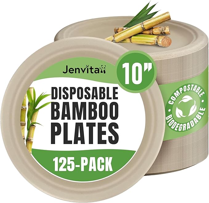 Jenvita Paper Bamboo Plates Disposable (125-Pack, 10-inch) | Sturdy & Microwave Safe | Compostable Paper Plates Disposable Heavy Duty | PFAS Free, Biodegradable | FSC Certified Alternative to Plastic