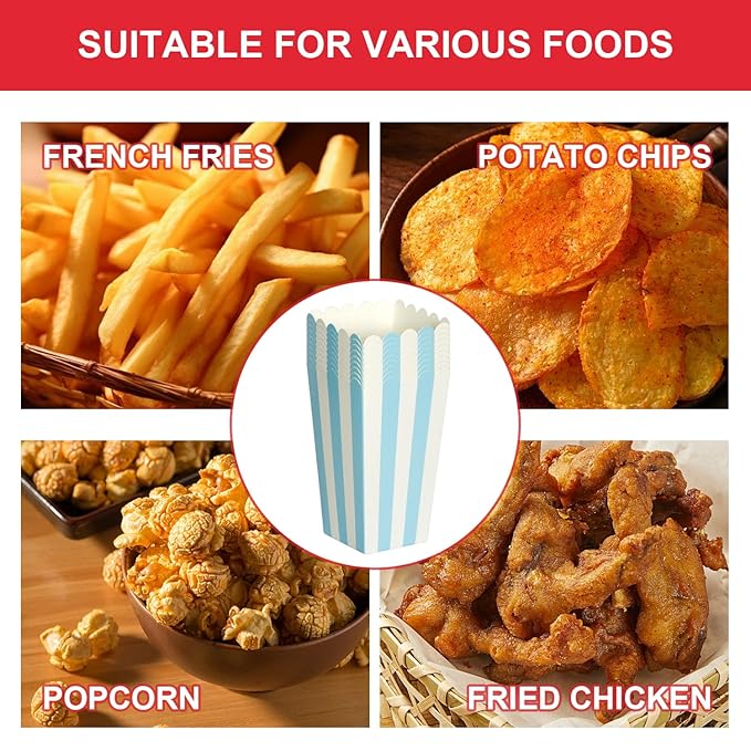 XIEHE 24 Pack Striped Popcorn Boxes - Carnival Parties Mini Paper Popcorn and Candy Containers, Party Supplies for Movie Nights (Blue)