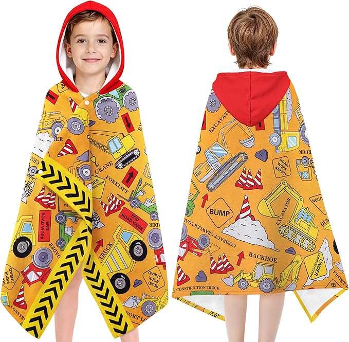 Hooded Towels for Kids - Superfine Fiber Excavator Toddler Hood Bath Towels Beach Hooded Poncho Absorbent Pool Toddler Swim Bath Wrap for Boys & Girls 3-10 Years Beach Essentials, 60*35 inches