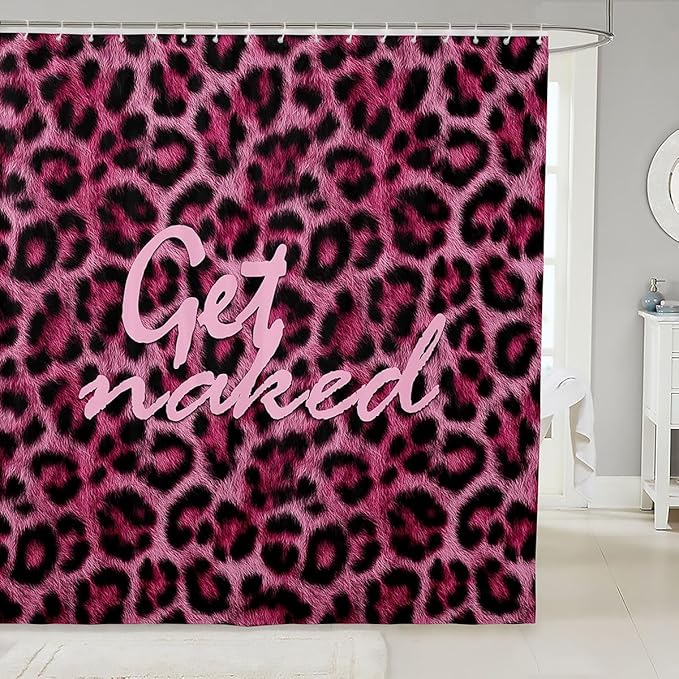 Feelyou Leopard Print Get Naked Shower Curtains Funny Quotes Bathroom Curtain for Kids Women Men Pink Bathroom Accessories Cheetah Waterproof Polyester Fabric for Stalls Bathtubs 72"x84"