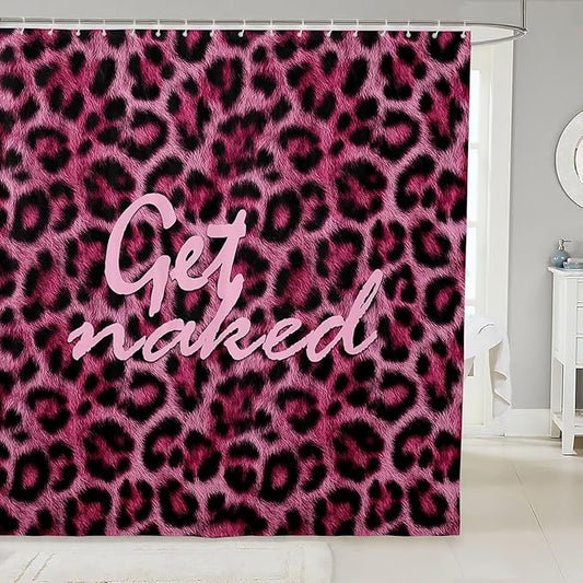 Feelyou Leopard Print Get Naked Shower Curtains Funny Quotes Bathroom Curtain for Kids Women Men Pink Bathroom Accessories Cheetah Waterproof Polyester Fabric for Stalls Bathtubs 72"x84"