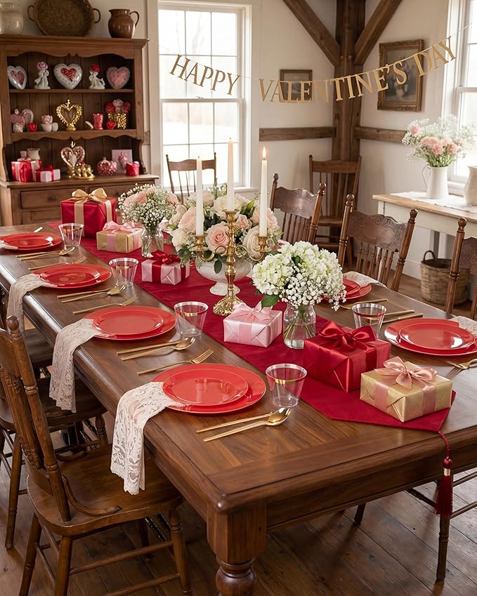 PULOTE 100PCS Red Plastic Plates Disposable Heavy Duty - Include 50 Dinner / 50 Dessert Plates for Party & Christmas