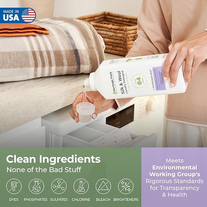 Heritage Park Silk & Wool All-Natural Lavender Mist Scent, pH-Neutral Laundry Detergent - Enzyme-Free, Concentrated Up to 64 loads (32 fl oz)