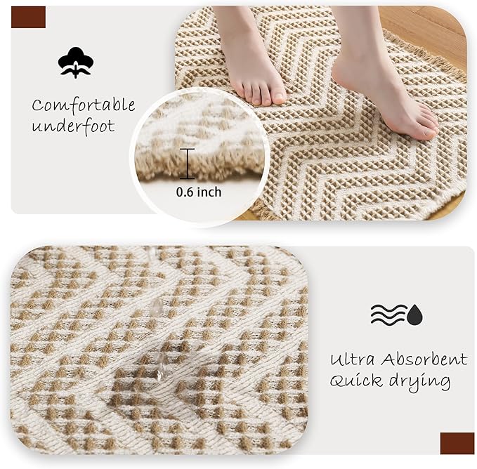 DWCN Waffle Bathroom Mat, Boho Bath Rugs Super Absorbent Non Slip Bath Mats for Bathroom Floor, Ultra Soft Farmhouse Shower Mats for Tub and Shower, 20 x 32 Inch, Brown & Beige