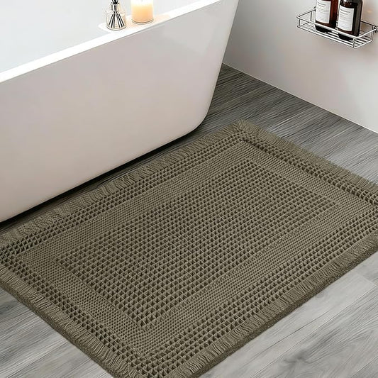 Upgraded Waffle Bath Mat, 36"x24" Greyish Green-Looped, Super Absorbent Non-Slip Quick Dry Bathroom Rugs with Tassels, Machine Washable Ultra Soft Boho Bath Rugs, Toilet Mats Boho Farmhouse Decor