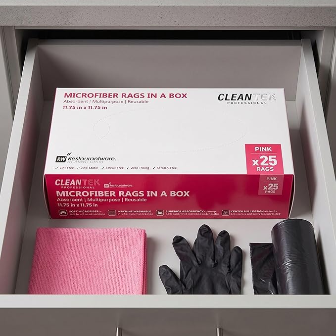 Restaurantware-Clean Tek Professional 11.81 x 11.81 Inch Microfiber Rags In a Box, 25 Absorbent Cleaning Cloths - No-Scratch, Pink Microfiber Reusable Edgeless Cleaning Towels, Leaves No Streak