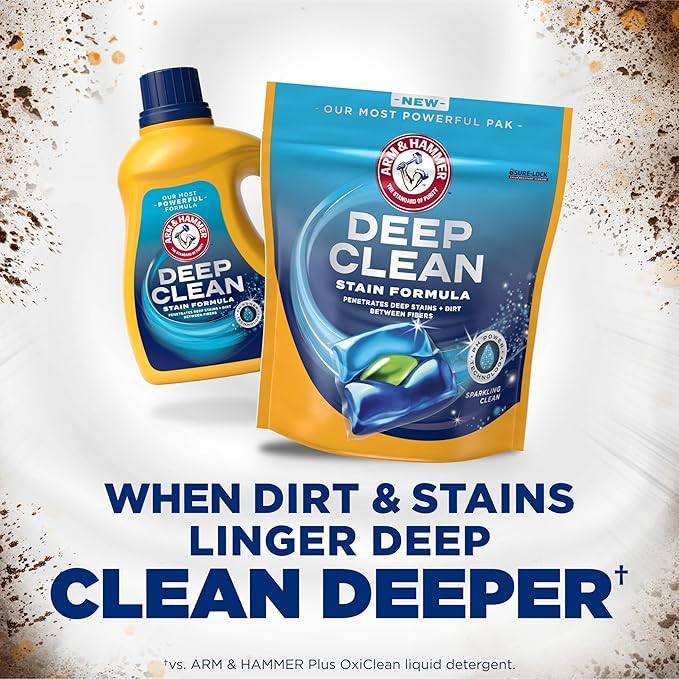 ARM & HAMMER Deep Clean Stain Formula Laundry Detergent Power Paks, Sparkling Clean Scent, 32 Count, 32 Loads