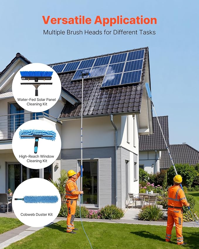 VEVOR Solar Panel Cleaning Kit, 26 ft, Water Fed Pole Kit with Cleaning Brush, Soap Dispenser, Extendable Aluminum Telescopic Pole, 180° Rotatable Brush Head, for Roof Mounted Solar Panels, Windows