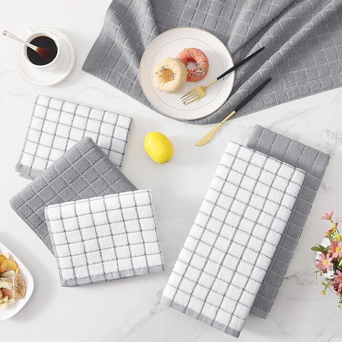 Homaxy Premium Cotton Kitchen Towels 16"x 28", Large Natural Ring Spun 390 GSM Dish Towels, Super Absorbent Terry Kitchen Hand Towels, Soft Tea Towels with Hanging Loop, Light Grey Design, 4 Pack