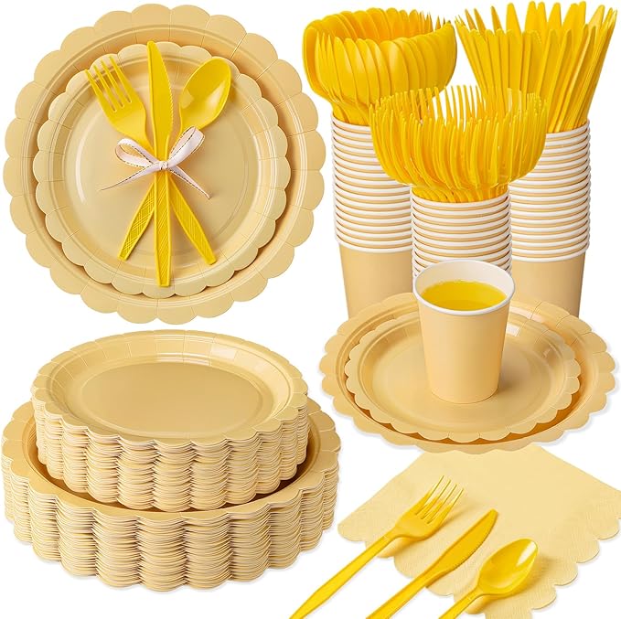 Ziliny 350 Pcs Light Yellow Plates and Napkins, 50 Guest Spring Easter Party Supplies Include Scalloped Paper Plates Napkins Cups Plastic Spoons Forks Knives Disposable Tableware Set for Baby Shower