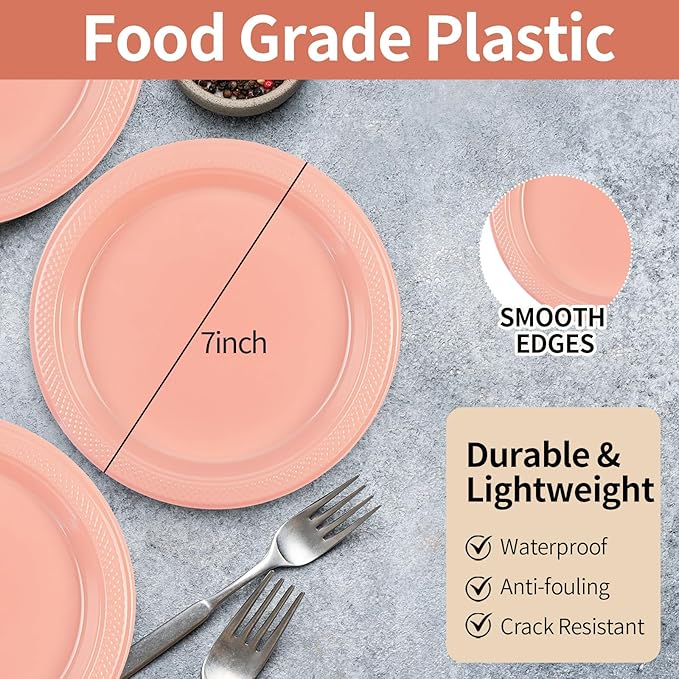 50PCS Pink Plastic Plates, 7 Inch Disposable Dessert Plates Party Plates for Birthday Wedding Party Supplies (Pink, 7 Inch)