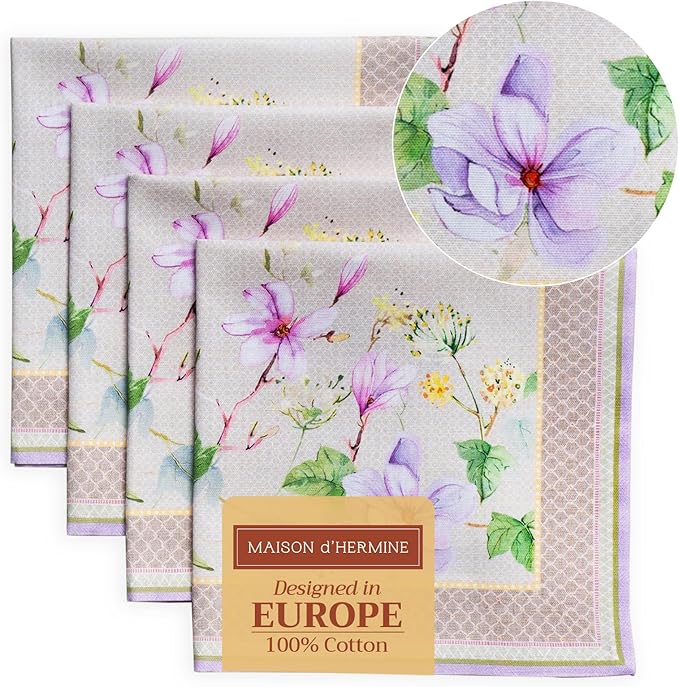Maison d' Hermine 100% Cotton Cloth Napkins Set of 4 Everyday Reusable Square Napkins Cloth Washable Dinner Party Wedding Restaurant Hotel Kitchen Spring Summer (Magnolia Mornings, 20" x 20")