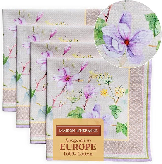 Maison d' Hermine 100% Cotton Cloth Napkins Set of 4 Everyday Reusable Square Napkins Cloth Washable Dinner Party Wedding Restaurant Hotel Kitchen Spring Summer (Magnolia Mornings, 20" x 20")