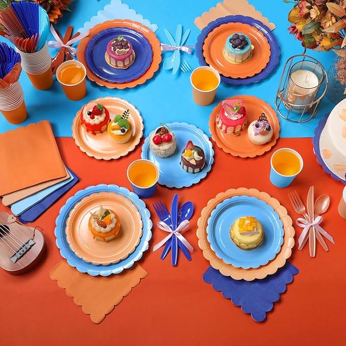 Ziliny 350 Pcs Blue Orange Plates and Napkins, 50 Guest Blue Dog Party Supplies Include Scalloped Paper Plates Napkins Cups Plastic Spoons Forks Knives Disposable Tableware Set for Dart Birthday Party