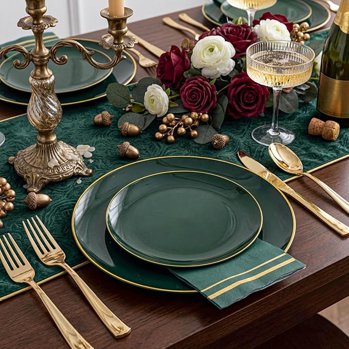 NOCCUR 350PCS Green Plastic Plates - Disposable Green Gold Dinnerware Set for 50 Guests, 100 Dinner/Dessert Plates, 150 Gold Silverware, 50 Cups&50 Napkins for Party ＆ Wedding ＆ Spring