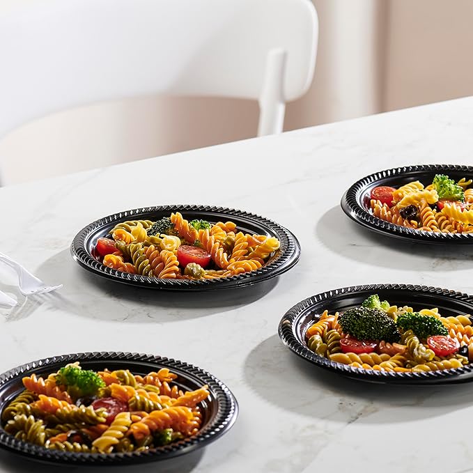 PLASTICPRO 400 PCS Black Plastic Plates Light Weight 7 Inch Plastic Dinner Dessert Appetizer Plates Black Plates Disposable for Party and Wedding