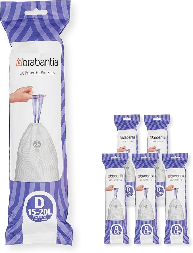 Brabantia PerfectFit Trash Bags (Size D/0.5-0.8 Gal) Thick Plastic Trash Can Liners with Drawstring Handles (120 Bags)
