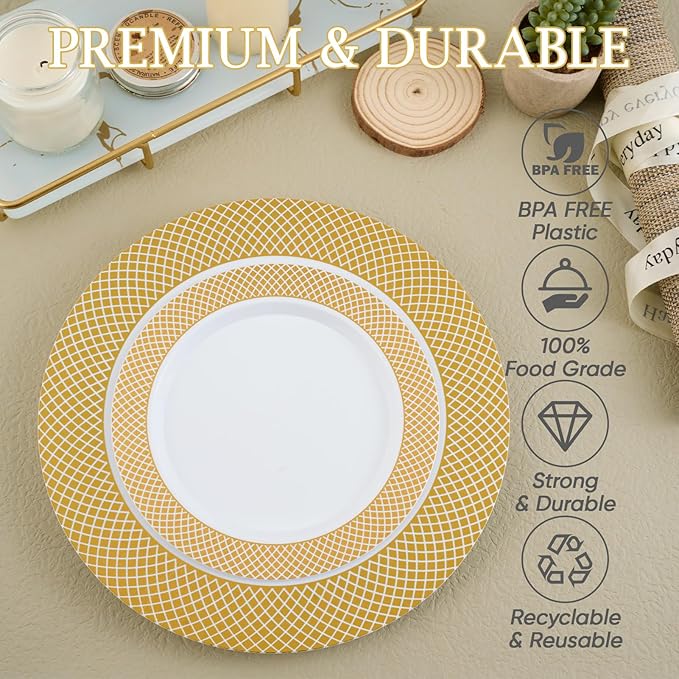 FOCUSLINE Gold Plastic Plates Set of 102, Disposable Plates with Gold Grid Rim 51 Dinner Plates 10" and 51 Salad Dessert Appetizer Plate 7", Elegant Fancy Heavy Duty Wedding Party Plate