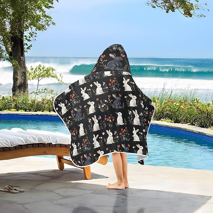 Beach Towel Cartoon Cute Bunny Black Hooded Beach Towel for Girl Boy Soft Kids Bath Towels with Hood