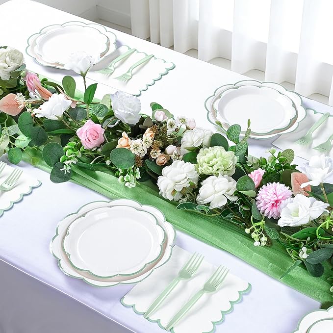 96 Pcs Sage Green and White Paper Plates and Napkins Set, Tableware set for 24 Guest include White Cake Plates with Sage Green Scalloped Edge, Napkins and Forks for Baby Shower, Bridal Shower, Wedding